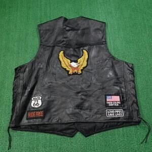 Diamond Plate Buffalo Leather Vest Mens 4XL Black Motorcycle Side Lace Patches